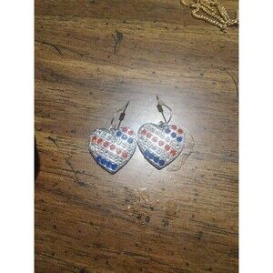 Patriotic 4th Of July Red White Blue Rhinestone Heart Silver Tone Earrings